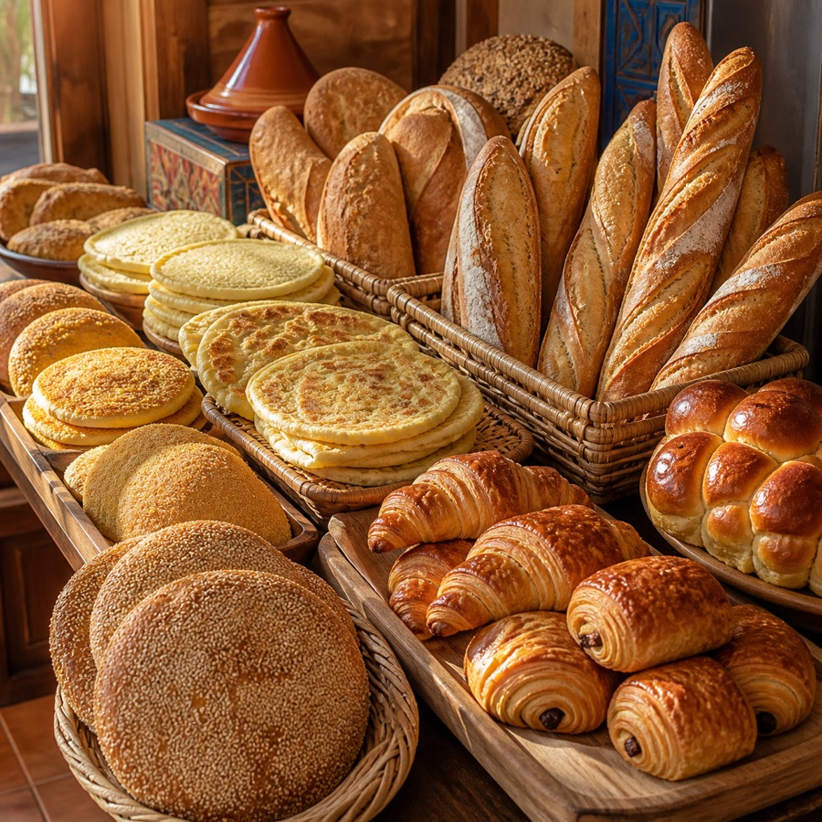 Pains marocains, baguettes et viennoiseries du petit-déjeuner