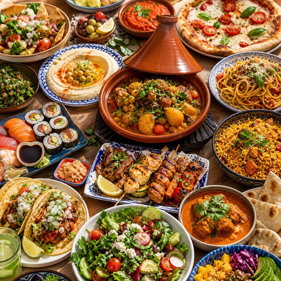 Spécialités culinaires du Maroc, du Levant, d’Italie, d’Asie, d’Afrique et d’Amérique latine