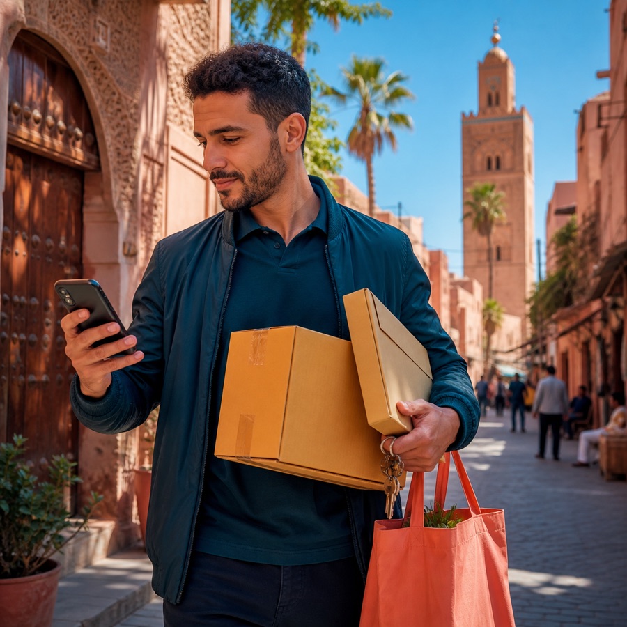 Livreur en ville avec colis, enveloppe, clés et sac pour une mission sur mesure
