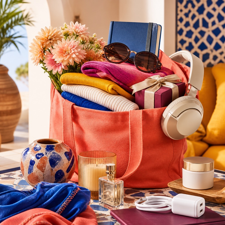Sac de shopping coloré avec vêtements, accessoires, maison et petits objets utiles